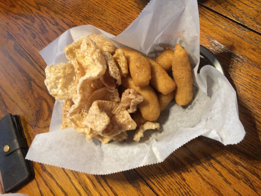 Clyde Cooper's pork skins and hushpuppies Raleigh