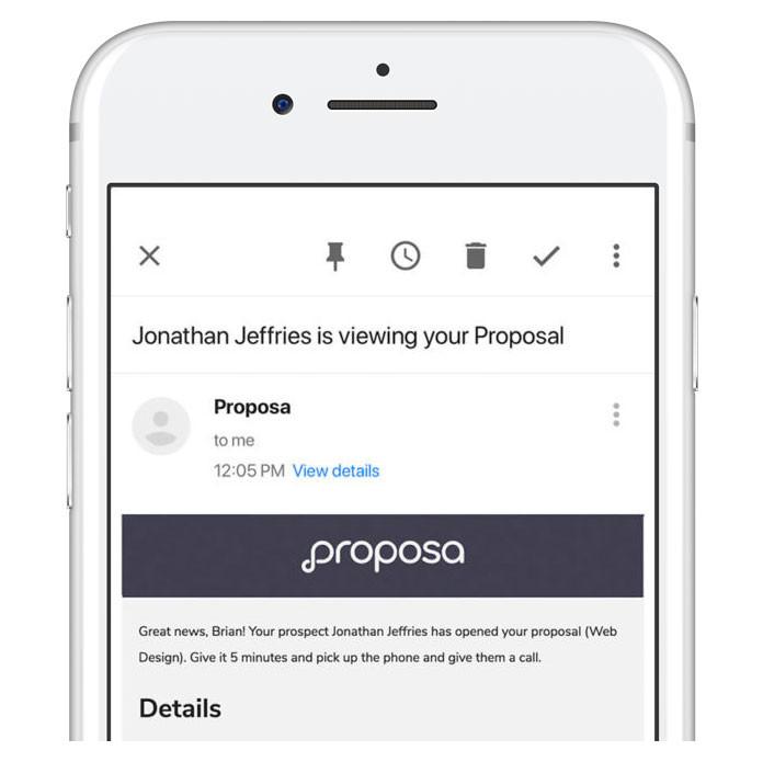 Proposa platform on a cell phone showing notifications