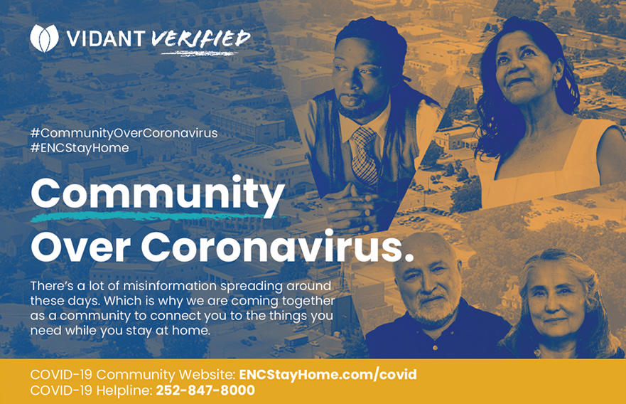 Vidant Verified printed mailer regarding information about Coronavirus and Community